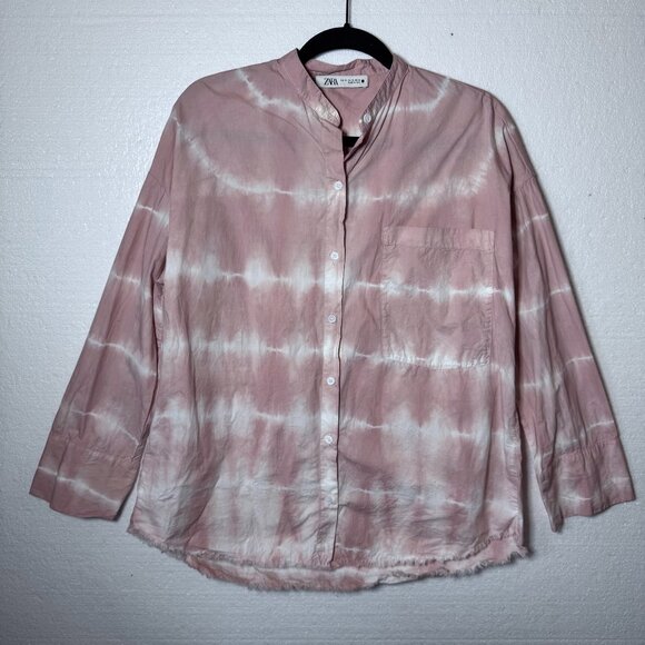 Zara Womens Sz Small Pink Tie Dye Raw Hem Oversized Button Front Long Sleeve Top - Picture 1 of 10